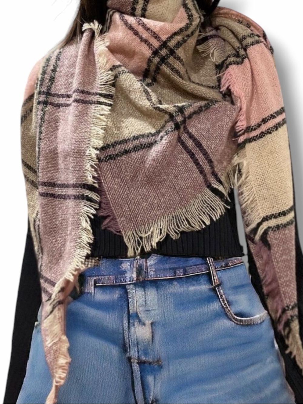 Plaid Texture Fringe Lagenlook Scarf Neck Wrap OS